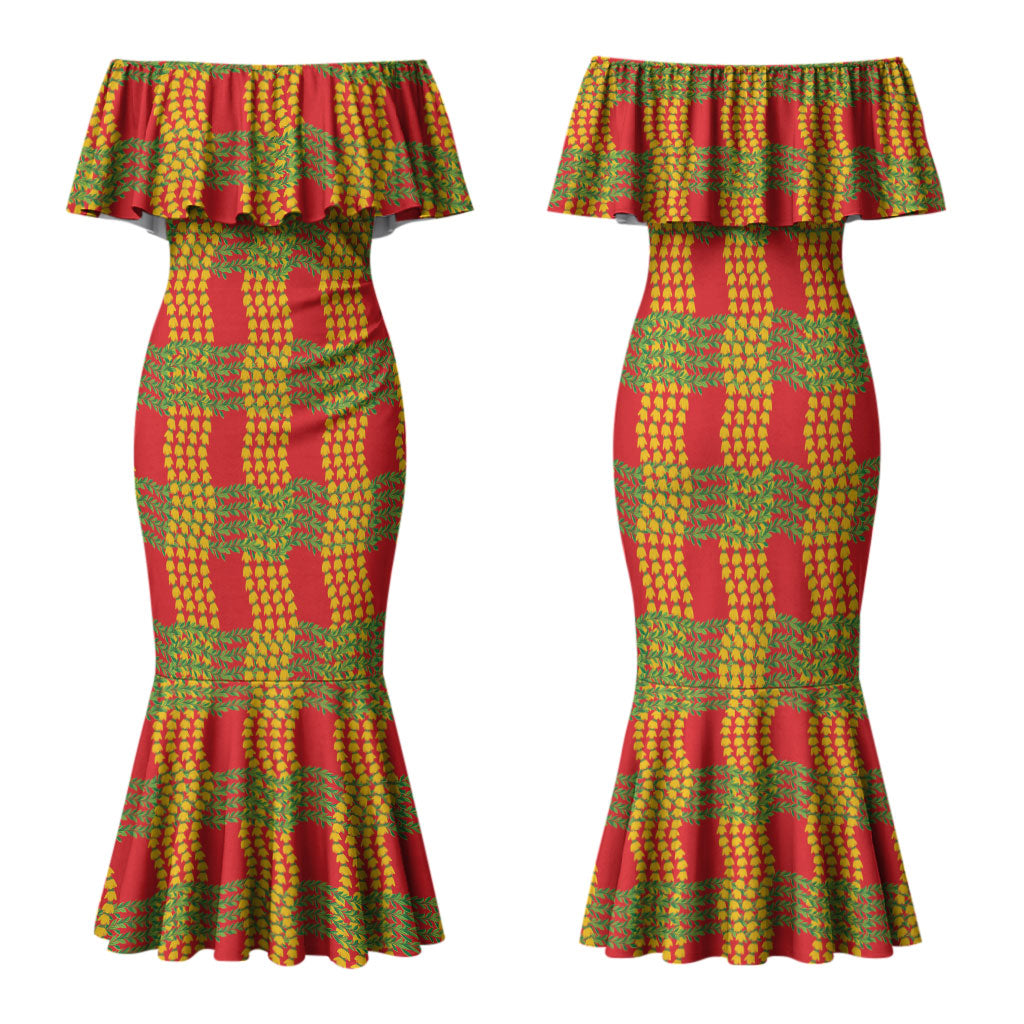 Aloha Hawaii Ilima Maile Lei Family Matching Mermaid Dress and Hawaiian Shirt Palaka Inspired Hawaiian-plaid Red