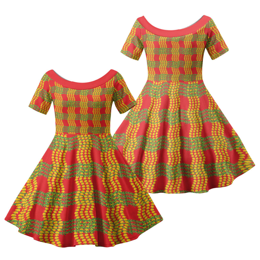 Aloha Hawaii Ilima Maile Lei Family Matching Off Shoulder Maxi Dress and Hawaiian Shirt Palaka Inspired Hawaiian-plaid Red