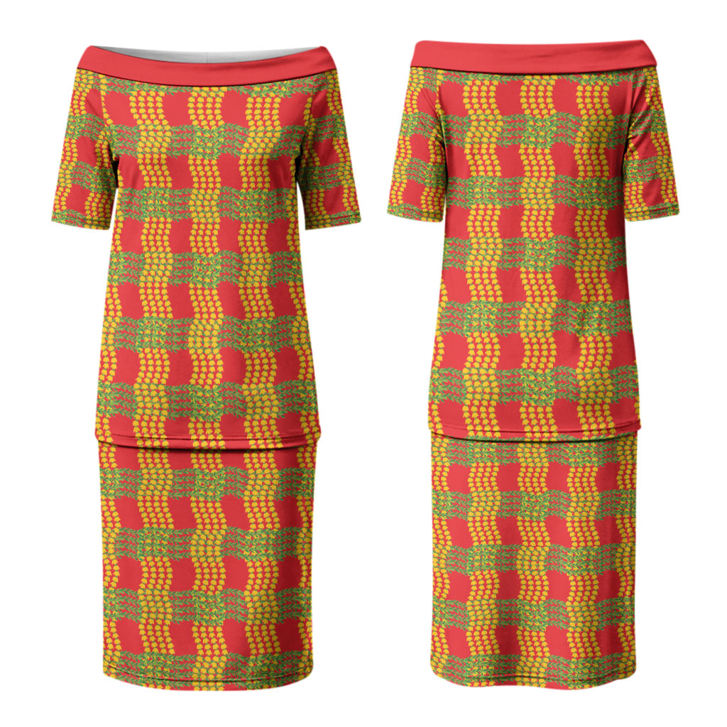 Aloha Hawaii Ilima Maile Lei Family Matching Puletasi and Hawaiian Shirt Palaka Inspired Hawaiian-plaid Red