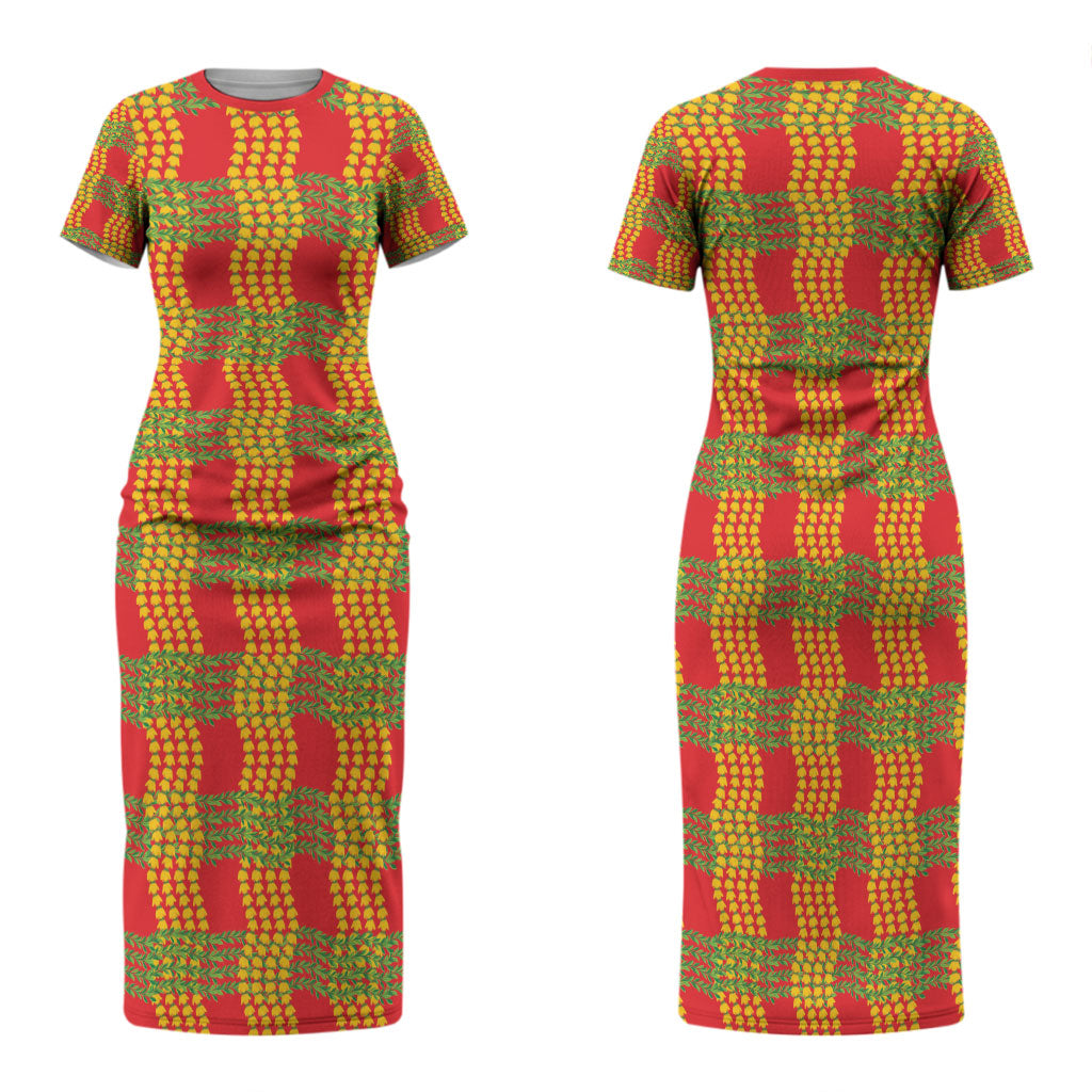 Aloha Hawaii Ilima Maile Lei Family Matching Short Sleeve Bodycon Dress and Hawaiian Shirt Palaka Inspired Hawaiian-plaid Red