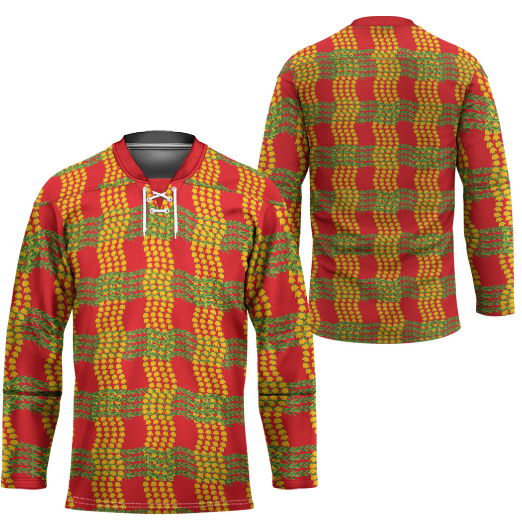 Aloha Hawaii Ilima Maile Lei Hockey Jersey Palaka Inspired Hawaiian-plaid Red