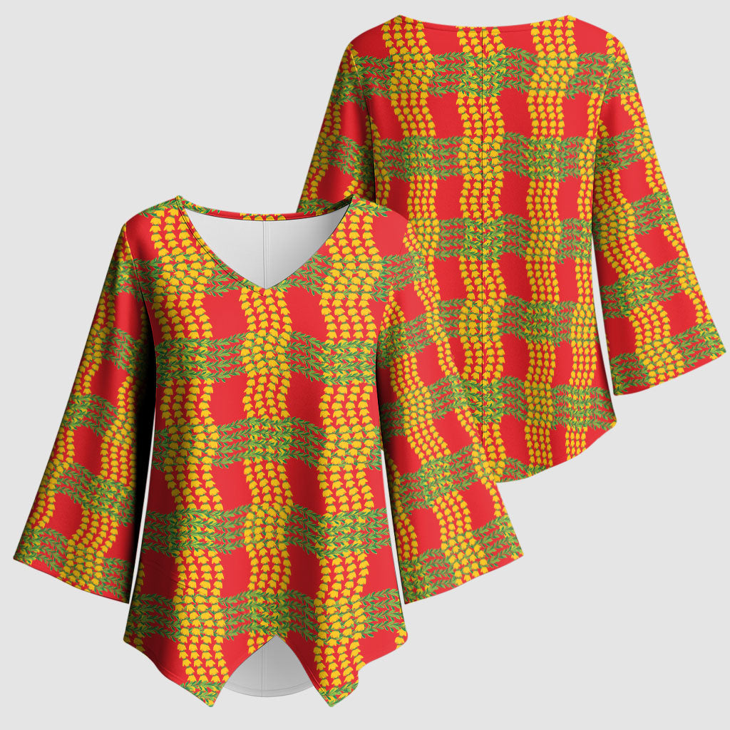 Aloha Hawaii Ilima Maile Lei Kimono Sleeve Blouse Palaka Inspired Hawaiian-plaid Red
