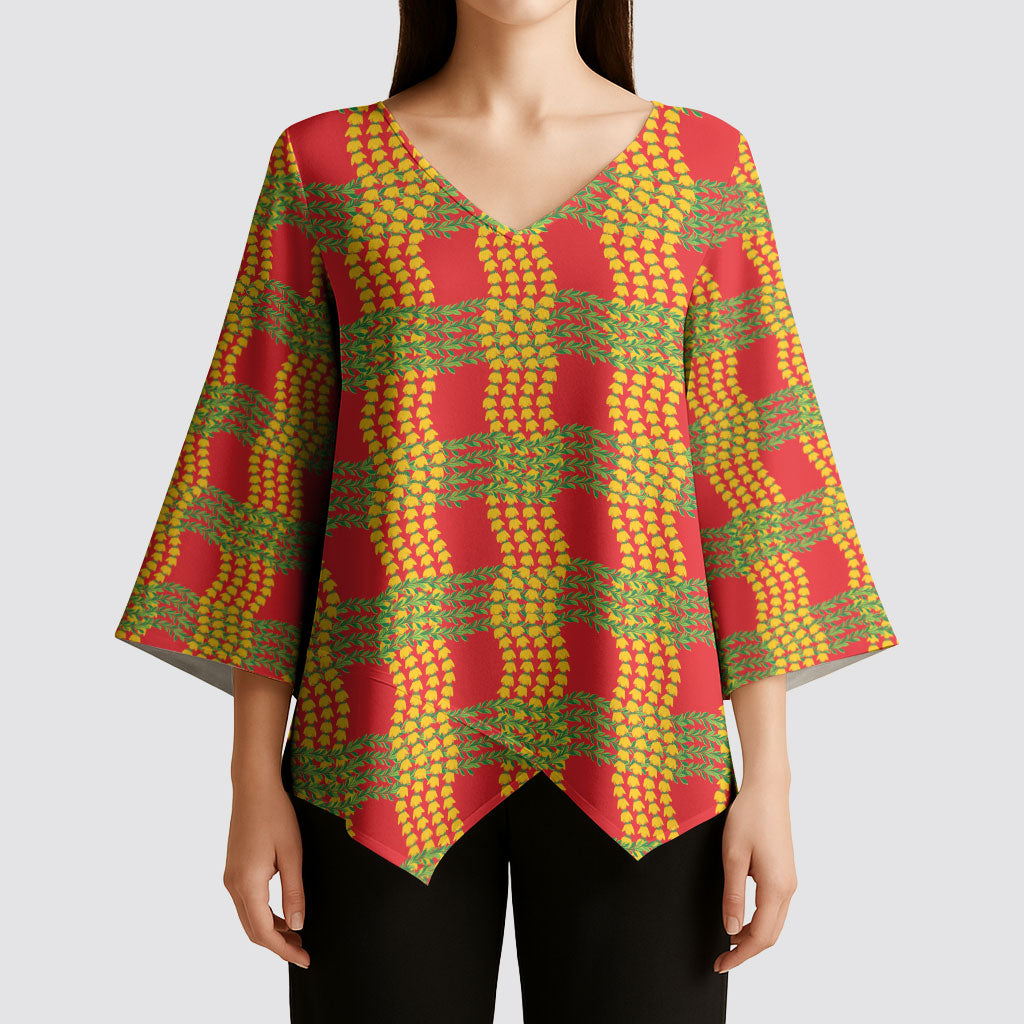 Aloha Hawaii Ilima Maile Lei Kimono Sleeve Blouse Palaka Inspired Hawaiian-plaid Red
