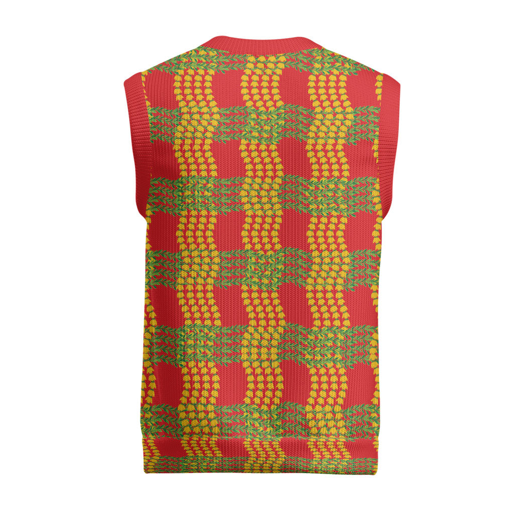 Aloha Hawaii Ilima Maile Lei Christmas Knitted V-Neck Vest Palaka Inspired Hawaiian-plaid Red