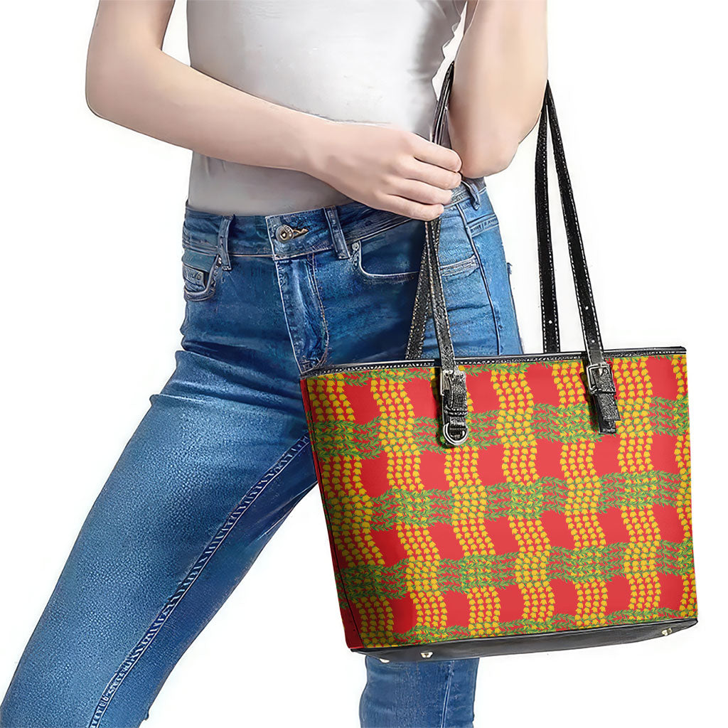 Aloha Hawaii Ilima Maile Lei Leather Tote Bag Palaka Inspired Hawaiian-plaid Red