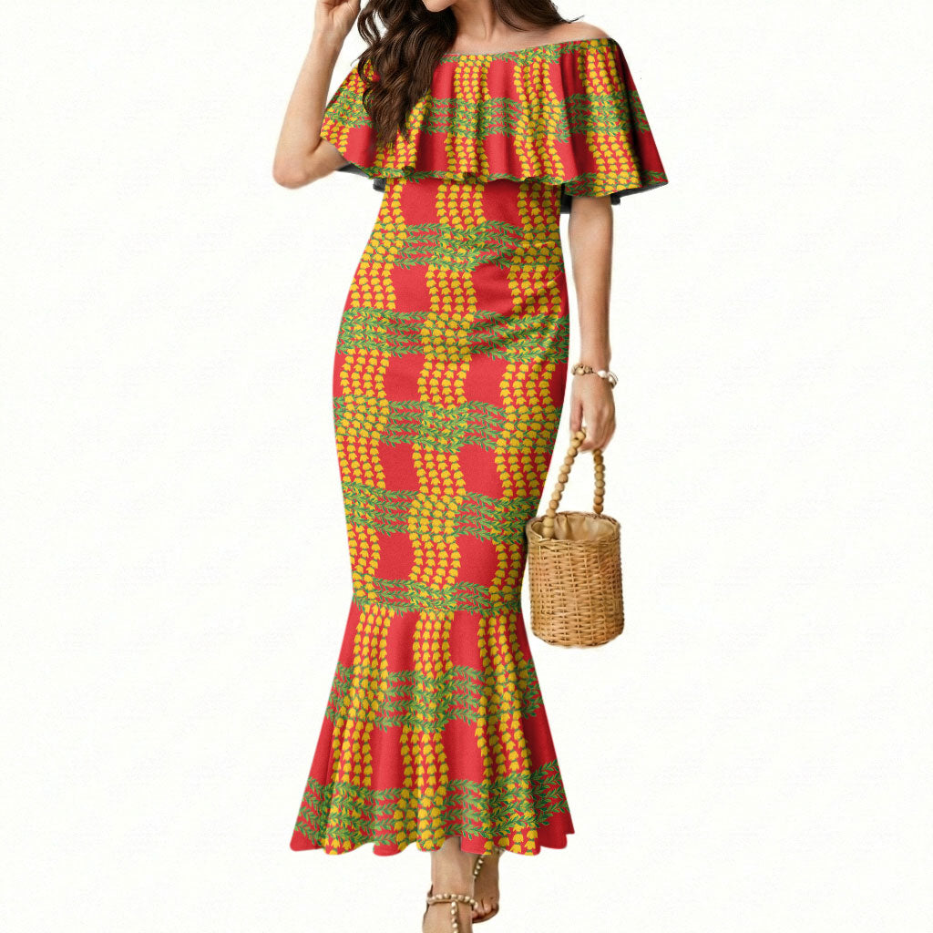 Aloha Hawaii Ilima Maile Lei Mermaid Dress Palaka Inspired Hawaiian-plaid Red