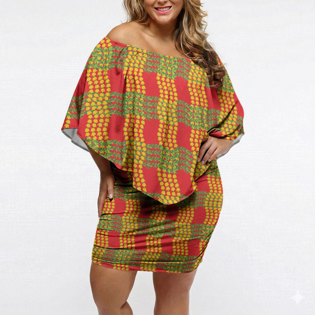 Aloha Hawaii Ilima Maile Lei Off Shoulder Short Dress Palaka Inspired Hawaiian-plaid Red LT14 Women Red - Polynesian Pride