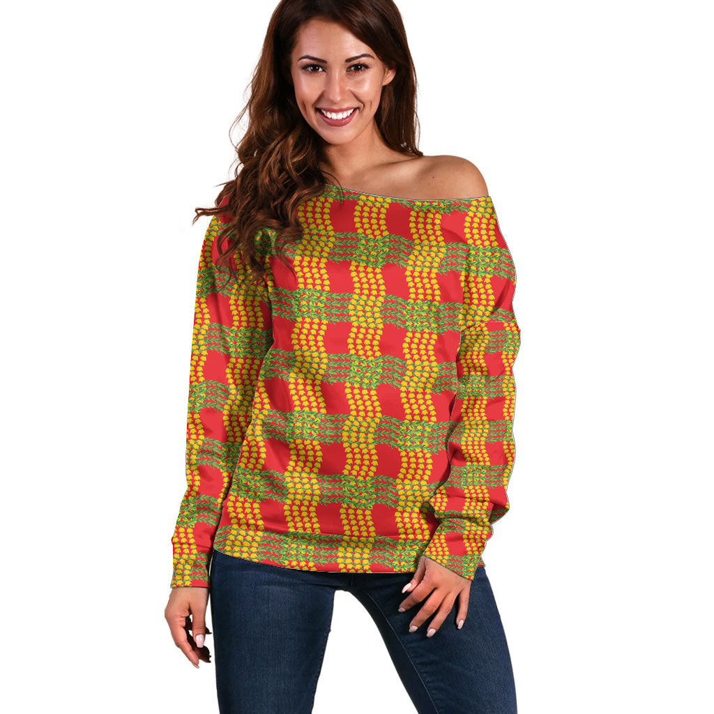 Aloha Hawaii Ilima Maile Lei Off Shoulder Sweater Palaka Inspired Hawaiian-plaid Red LT14 Women Red - Polynesian Pride