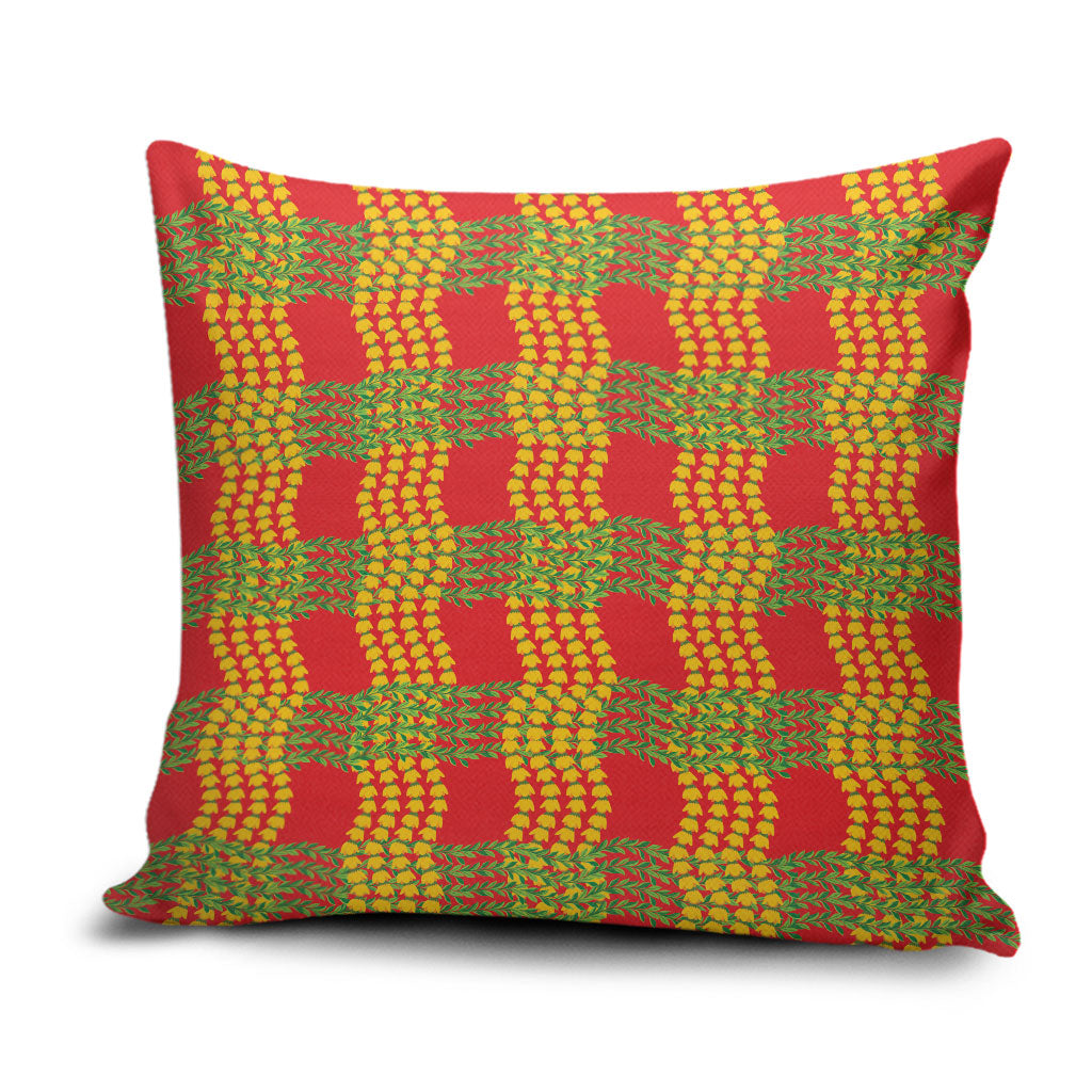 Aloha Hawaii Ilima Maile Lei Pillow Cover Palaka Inspired Hawaiian-plaid Red
