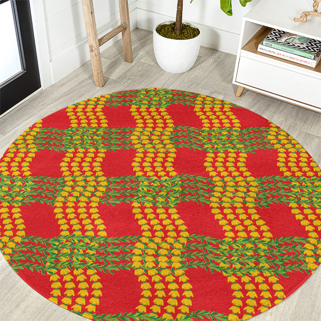 Aloha Hawaii Ilima Maile Lei Round Carpet Palaka Inspired Hawaiian-plaid Red