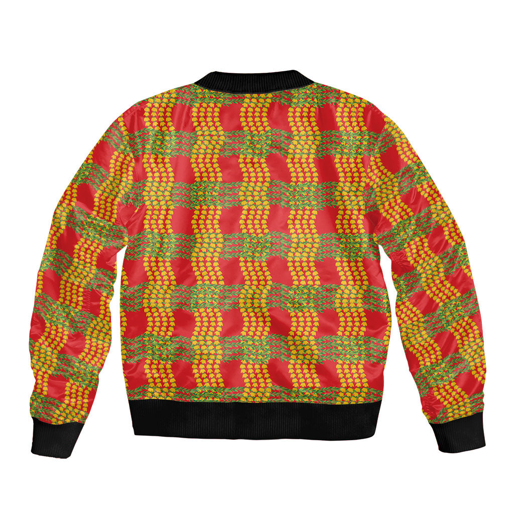 Aloha Hawaii Ilima Maile Lei Sleeve Zip Bomber Jacket Palaka Inspired Hawaiian-plaid Red