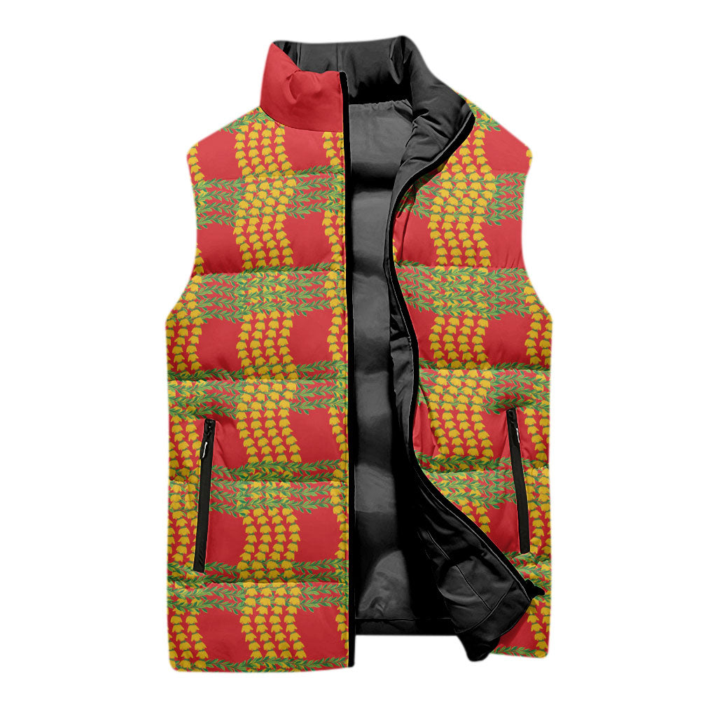 Aloha Hawaii Ilima Maile Lei Sleeveless Puffer Jacket Palaka Inspired Hawaiian-plaid Red