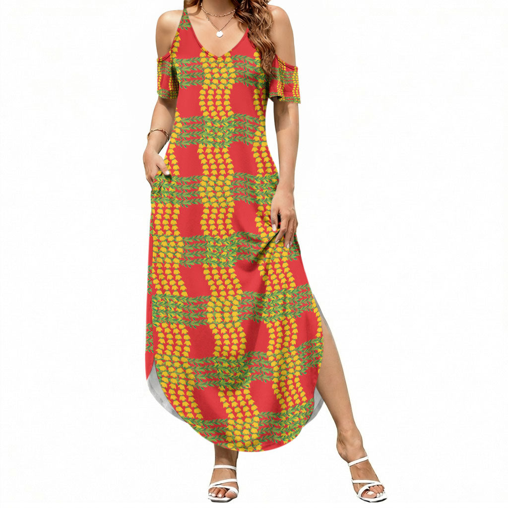 Aloha Hawaii Ilima Maile Lei Summer Maxi Dress Palaka Inspired Hawaiian-plaid Red LT14 Women Red - Polynesian Pride