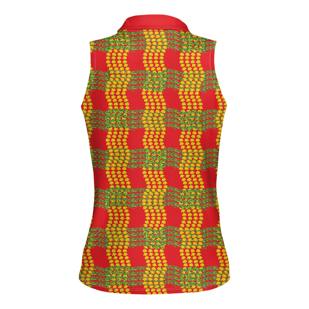 Aloha Hawaii Ilima Maile Lei Women Sleeveless Polo Shirt Palaka Inspired Hawaiian-plaid Red