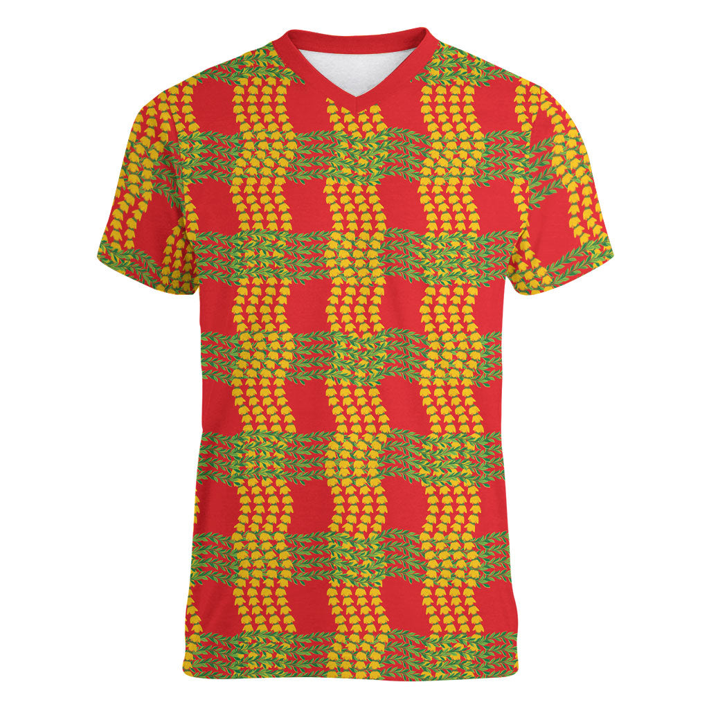 Aloha Hawaii Ilima Maile Lei Women V-Neck T-Shirt Palaka Inspired Hawaiian-plaid Red