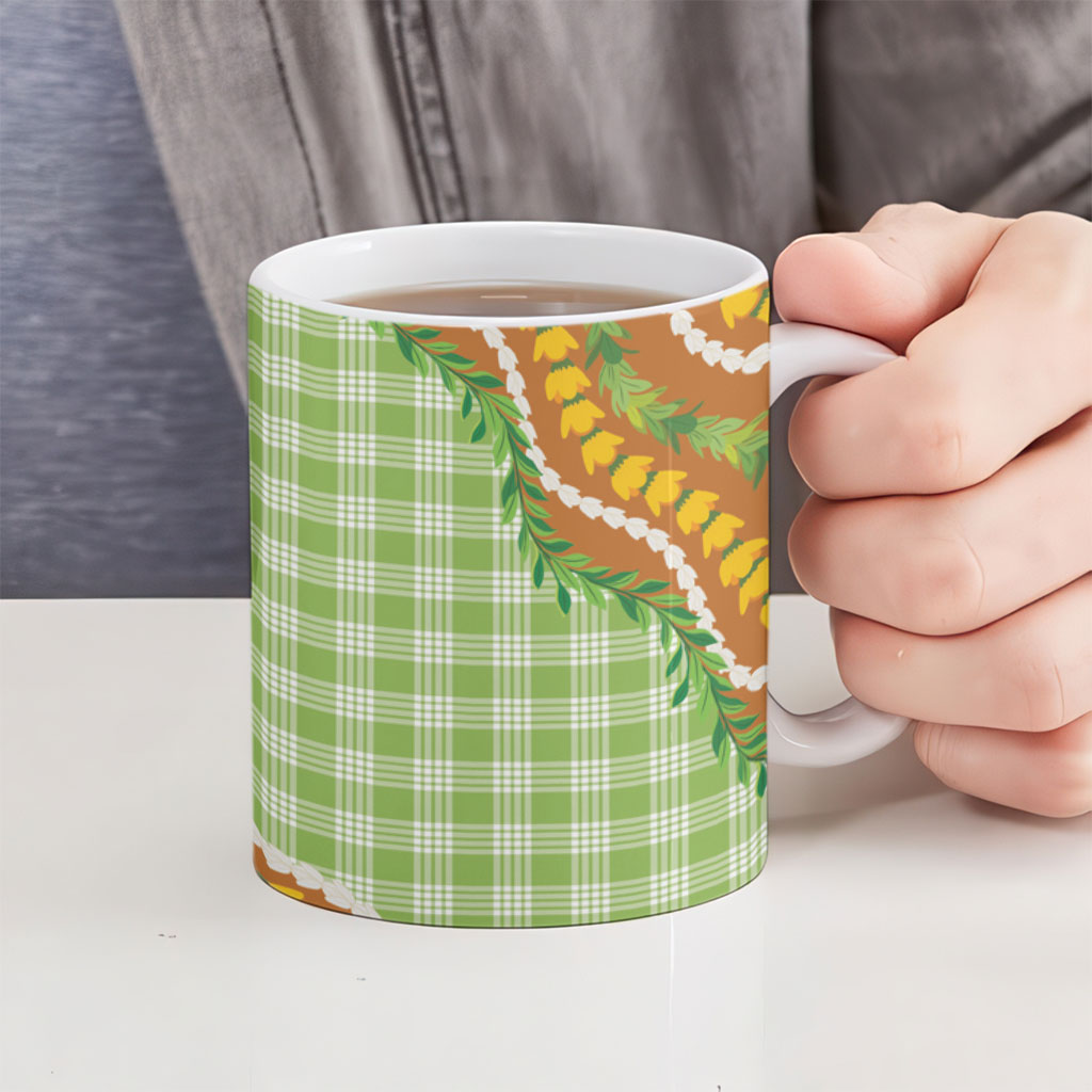 Hawaii Leis Palaka Motifs Ceramic Mug Pikake Pakalana Maile Ilima Kakau Style