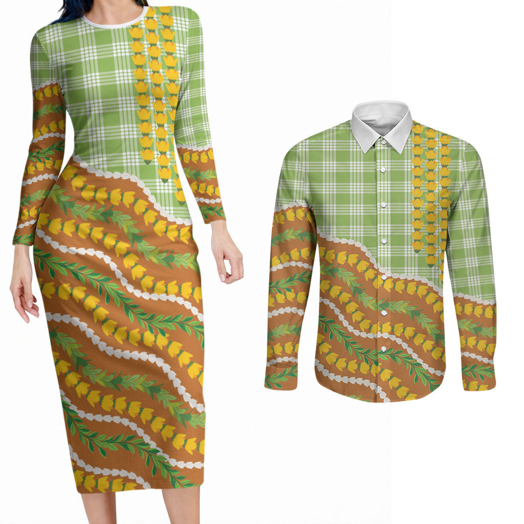 Hawaii Leis Palaka Motifs Couples Matching Long Sleeve Bodycon Dress and Long Sleeve Button Shirt Pikake Pakalana Maile Ilima Kakau Style LT14 Multicolor - Polynesian Pride