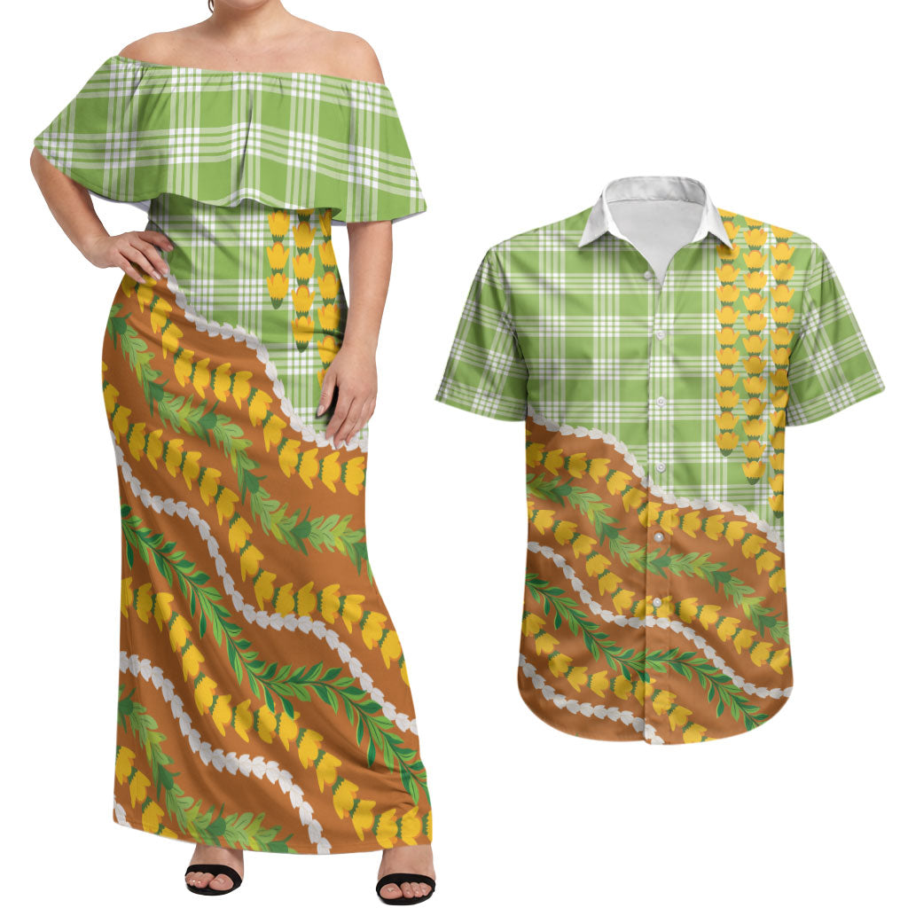 Hawaii Leis Palaka Motifs Couples Matching Off Shoulder Maxi Dress and Hawaiian Shirt Pikake Pakalana Maile Ilima Kakau Style LT14 Multicolor - Polynesian Pride