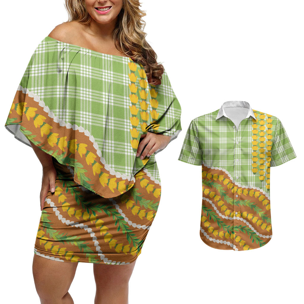 Hawaii Leis Palaka Motifs Couples Matching Off Shoulder Short Dress and Hawaiian Shirt Pikake Pakalana Maile Ilima Kakau Style LT14 Multicolor - Polynesian Pride