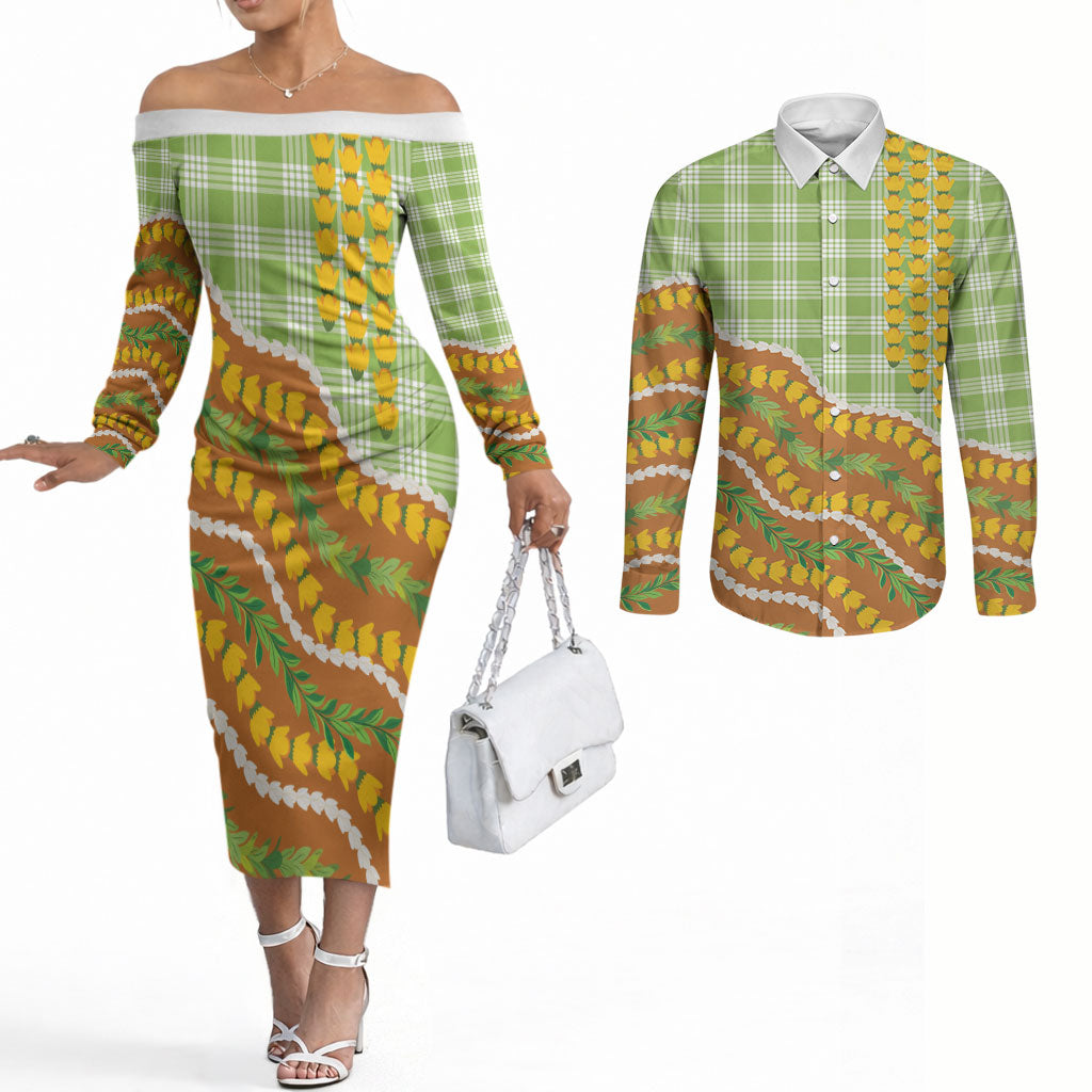 Hawaii Leis Palaka Motifs Couples Matching Off The Shoulder Long Sleeve Dress and Long Sleeve Button Shirt Pikake Pakalana Maile Ilima Kakau Style LT14 Multicolor - Polynesian Pride