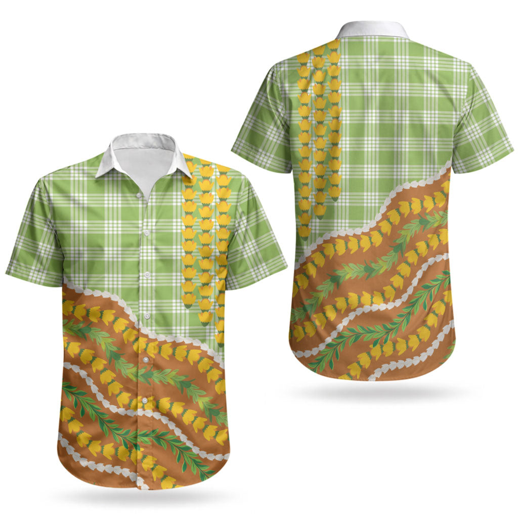 Hawaii Leis Palaka Motifs Couples Matching Puletasi and Hawaiian Shirt Pikake Pakalana Maile Ilima Kakau Style