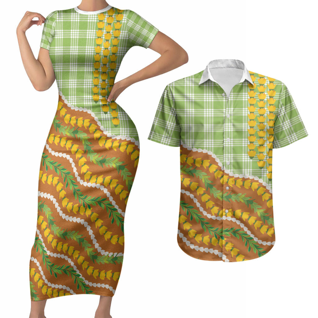 Hawaii Leis Palaka Motifs Couples Matching Short Sleeve Bodycon Dress and Hawaiian Shirt Pikake Pakalana Maile Ilima Kakau Style LT14 Multicolor - Polynesian Pride
