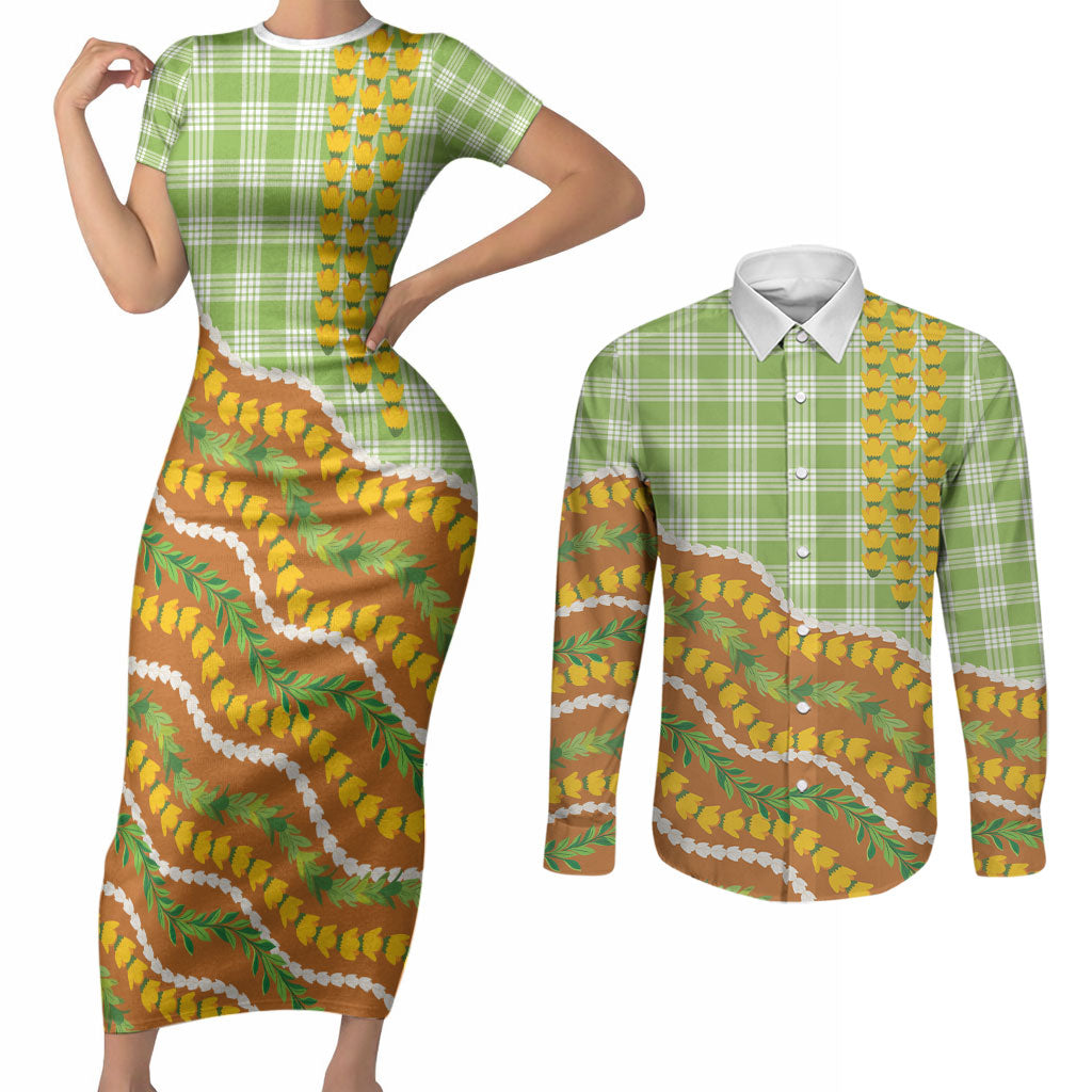 Hawaii Leis Palaka Motifs Couples Matching Short Sleeve Bodycon Dress and Long Sleeve Button Shirt Pikake Pakalana Maile Ilima Kakau Style LT14 Multicolor - Polynesian Pride