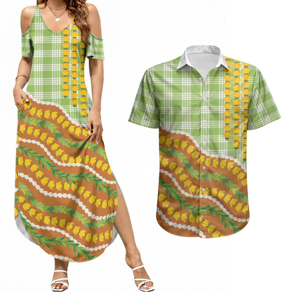 Hawaii Leis Palaka Motifs Couples Matching Summer Maxi Dress and Hawaiian Shirt Pikake Pakalana Maile Ilima Kakau Style LT14 Multicolor - Polynesian Pride