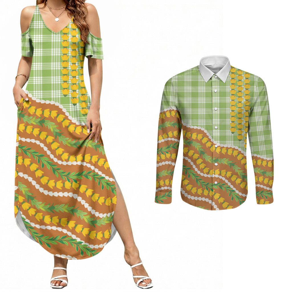 Hawaii Leis Palaka Motifs Couples Matching Summer Maxi Dress and Long Sleeve Button Shirt Pikake Pakalana Maile Ilima Kakau Style LT14 Multicolor - Polynesian Pride