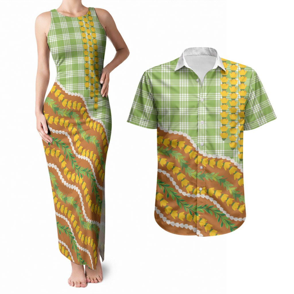 Hawaii Leis Palaka Motifs Couples Matching Tank Maxi Dress and Hawaiian Shirt Pikake Pakalana Maile Ilima Kakau Style LT14 Multicolor - Polynesian Pride