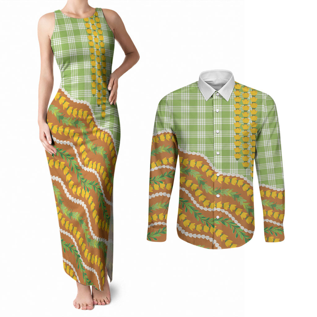 Hawaii Leis Palaka Motifs Couples Matching Tank Maxi Dress and Long Sleeve Button Shirt Pikake Pakalana Maile Ilima Kakau Style LT14 Multicolor - Polynesian Pride