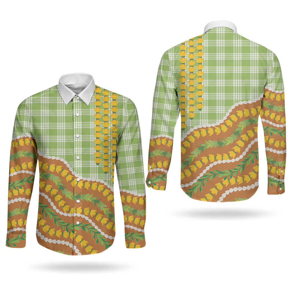 Hawaii Leis Palaka Motifs Couples Matching Tank Maxi Dress and Long Sleeve Button Shirt Pikake Pakalana Maile Ilima Kakau Style