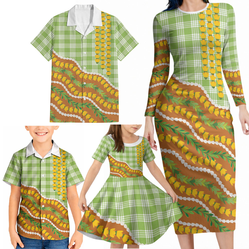 Hawaii Leis Palaka Motifs Family Matching Long Sleeve Bodycon Dress and Hawaiian Shirt Pikake Pakalana Maile Ilima Kakau Style LT14 - Polynesian Pride