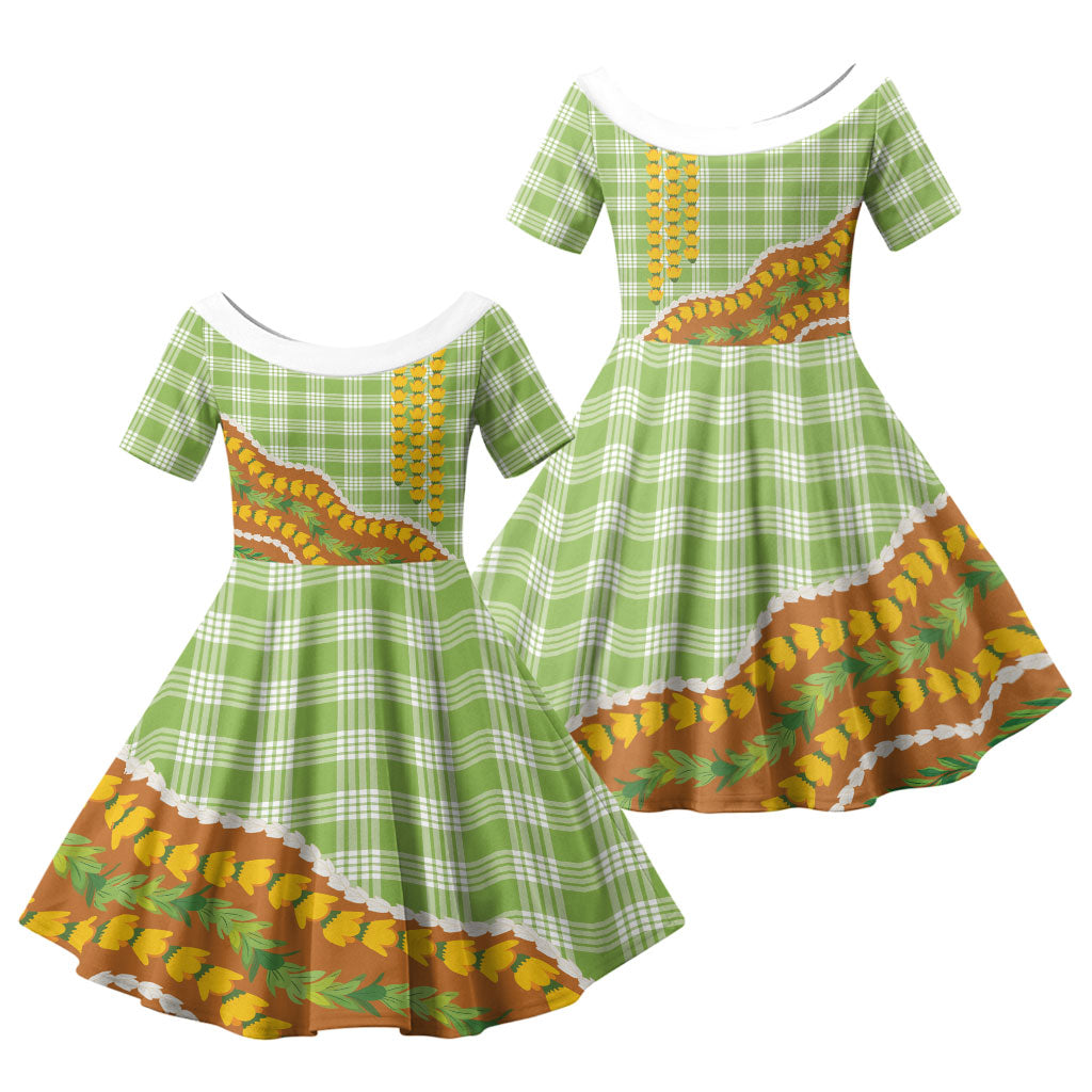 Hawaii Leis Palaka Motifs Family Matching Long Sleeve Bodycon Dress and Hawaiian Shirt Pikake Pakalana Maile Ilima Kakau Style