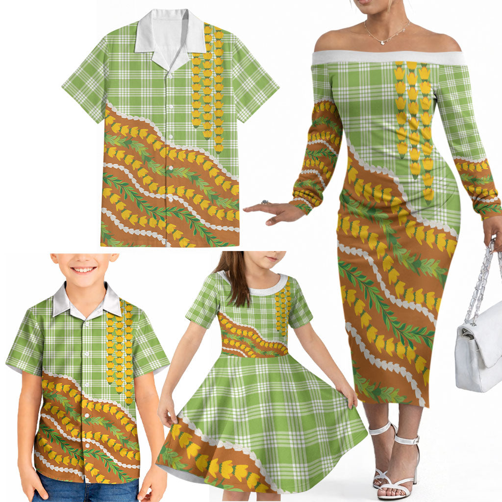 Hawaii Leis Palaka Motifs Family Matching Off The Shoulder Long Sleeve Dress and Hawaiian Shirt Pikake Pakalana Maile Ilima Kakau Style LT14 - Polynesian Pride