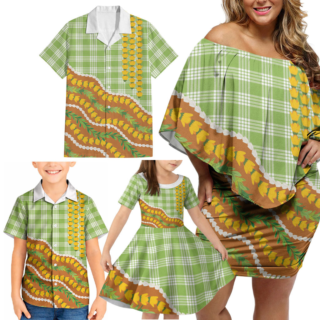 Hawaii Leis Palaka Motifs Family Matching Off Shoulder Short Dress and Hawaiian Shirt Pikake Pakalana Maile Ilima Kakau Style LT14 - Polynesian Pride