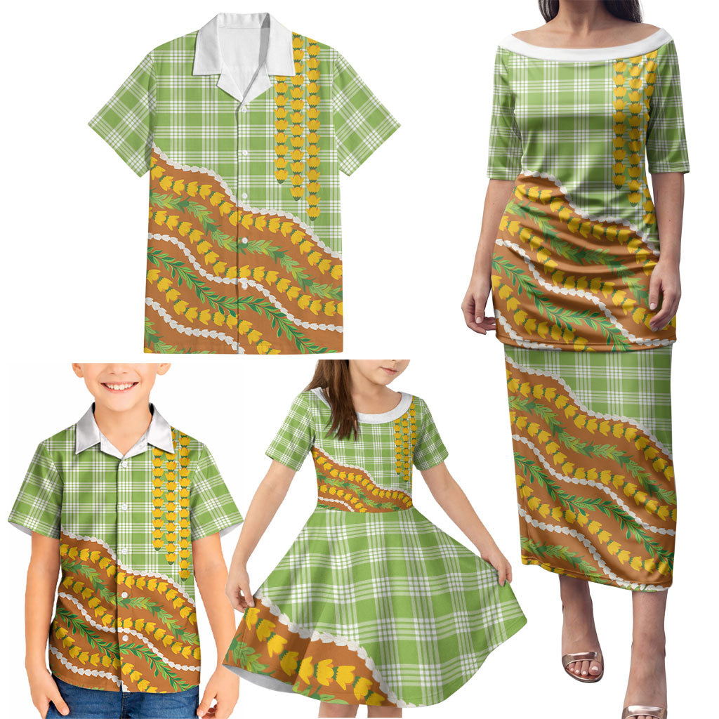 Hawaii Leis Palaka Motifs Family Matching Puletasi and Hawaiian Shirt Pikake Pakalana Maile Ilima Kakau Style LT14 - Polynesian Pride