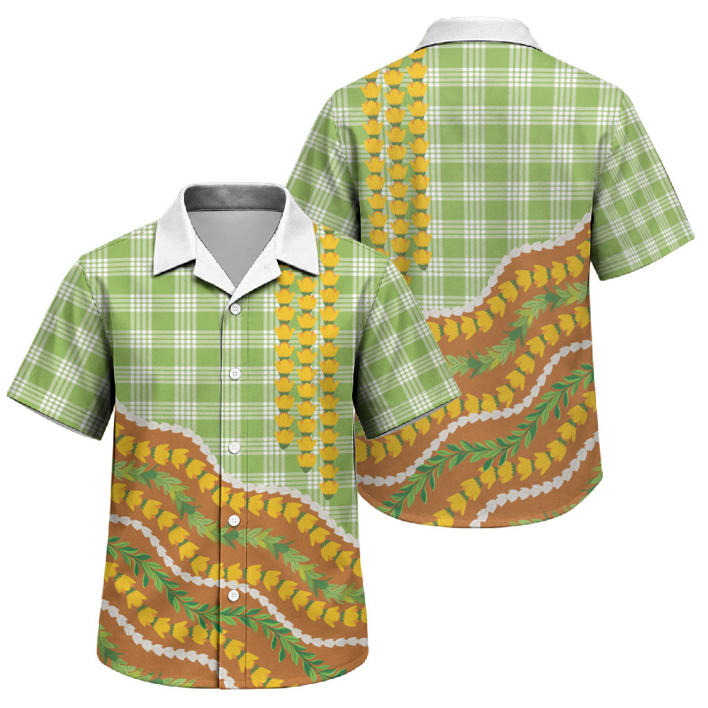 Hawaii Leis Palaka Motifs Family Matching Puletasi and Hawaiian Shirt Pikake Pakalana Maile Ilima Kakau Style