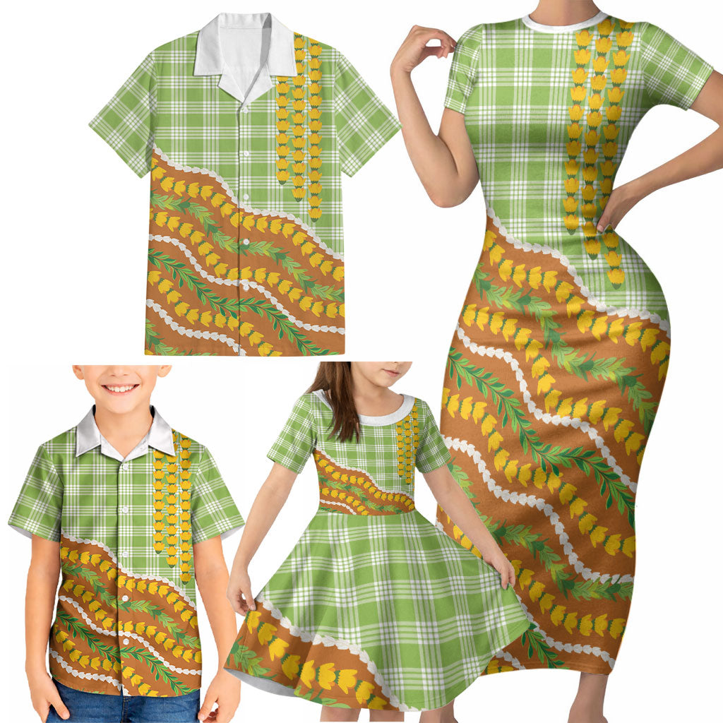 Hawaii Leis Palaka Motifs Family Matching Short Sleeve Bodycon Dress and Hawaiian Shirt Pikake Pakalana Maile Ilima Kakau Style LT14 - Polynesian Pride