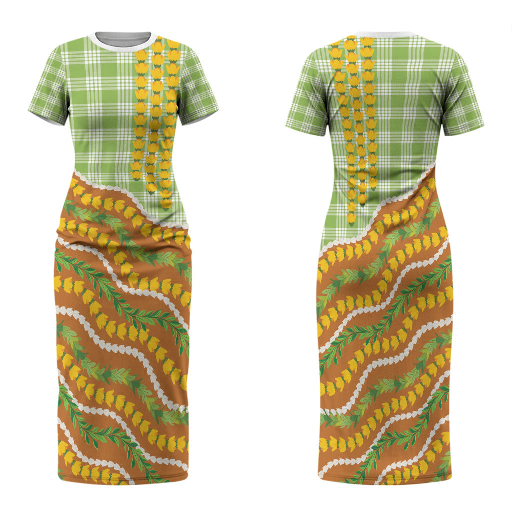 Hawaii Leis Palaka Motifs Family Matching Short Sleeve Bodycon Dress and Hawaiian Shirt Pikake Pakalana Maile Ilima Kakau Style