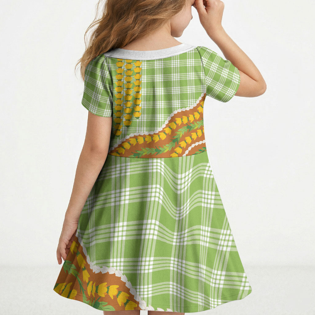 Hawaii Leis Palaka Motifs Kid Short Sleeve Dress Pikake Pakalana Maile Ilima Kakau Style