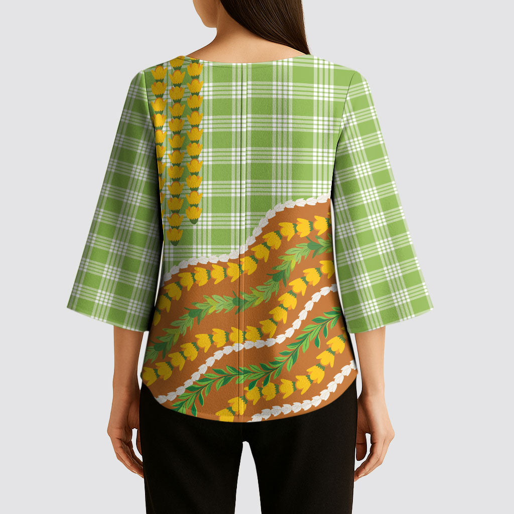 Hawaii Leis Palaka Motifs Kimono Sleeve Blouse Pikake Pakalana Maile Ilima Kakau Style