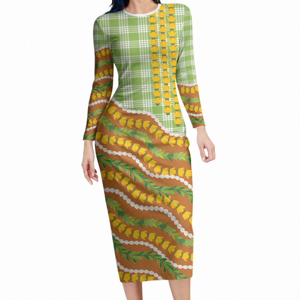 Hawaii Leis Palaka Motifs Long Sleeve Bodycon Dress Pikake Pakalana Maile Ilima Kakau Style LT14 Long Dress Multicolor - Polynesian Pride