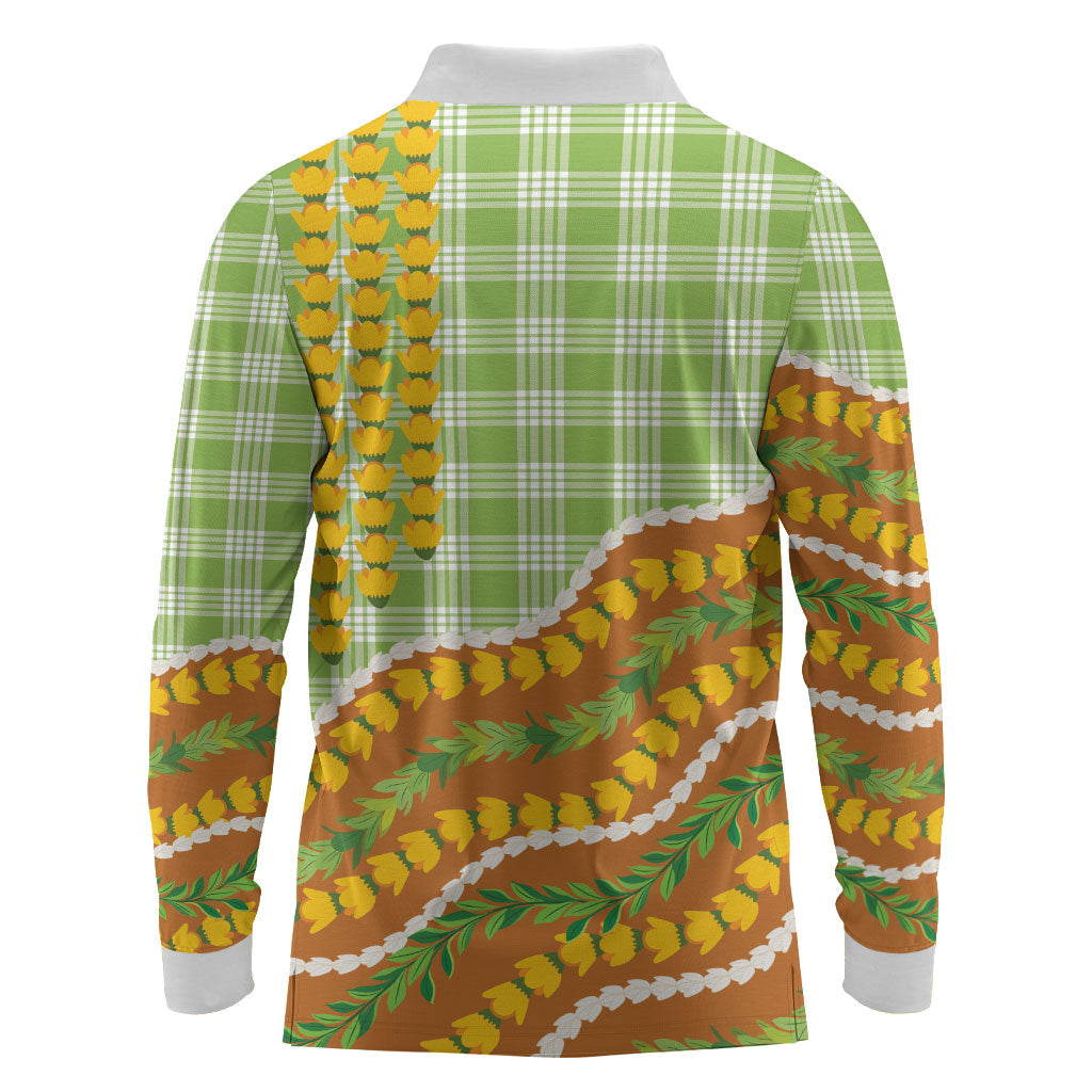 Hawaii Leis Palaka Motifs Long Sleeve Polo Shirt Pikake Pakalana Maile Ilima Kakau Style