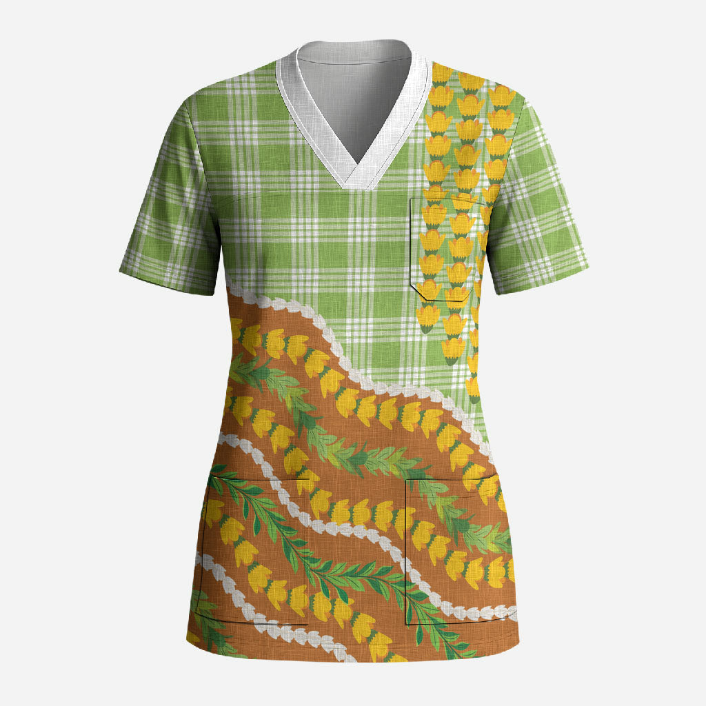Hawaii Leis Palaka Motifs Scrub Top Pikake Pakalana Maile Ilima Kakau Style LT14 Adult Multicolor - Polynesian Pride