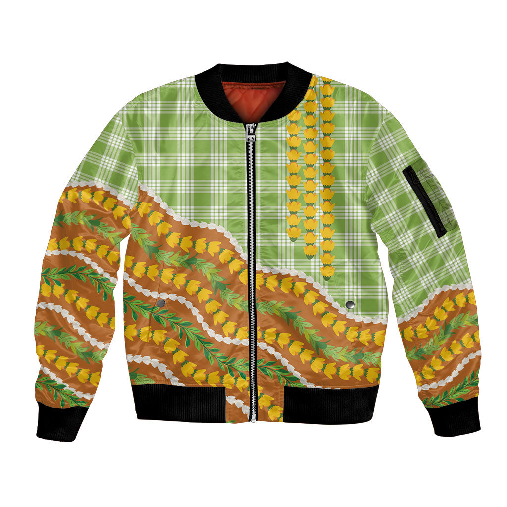Hawaii Leis Palaka Motifs Sleeve Zip Bomber Jacket Pikake Pakalana Maile Ilima Kakau Style LT14 Unisex Multicolor - Polynesian Pride