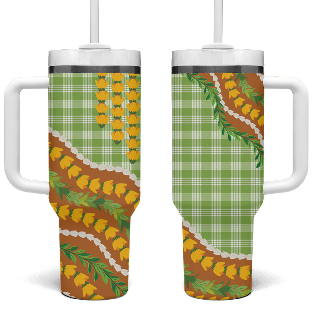 Hawaii Leis Palaka Motifs Tumbler With Handle Pikake Pakalana Maile Ilima Kakau Style