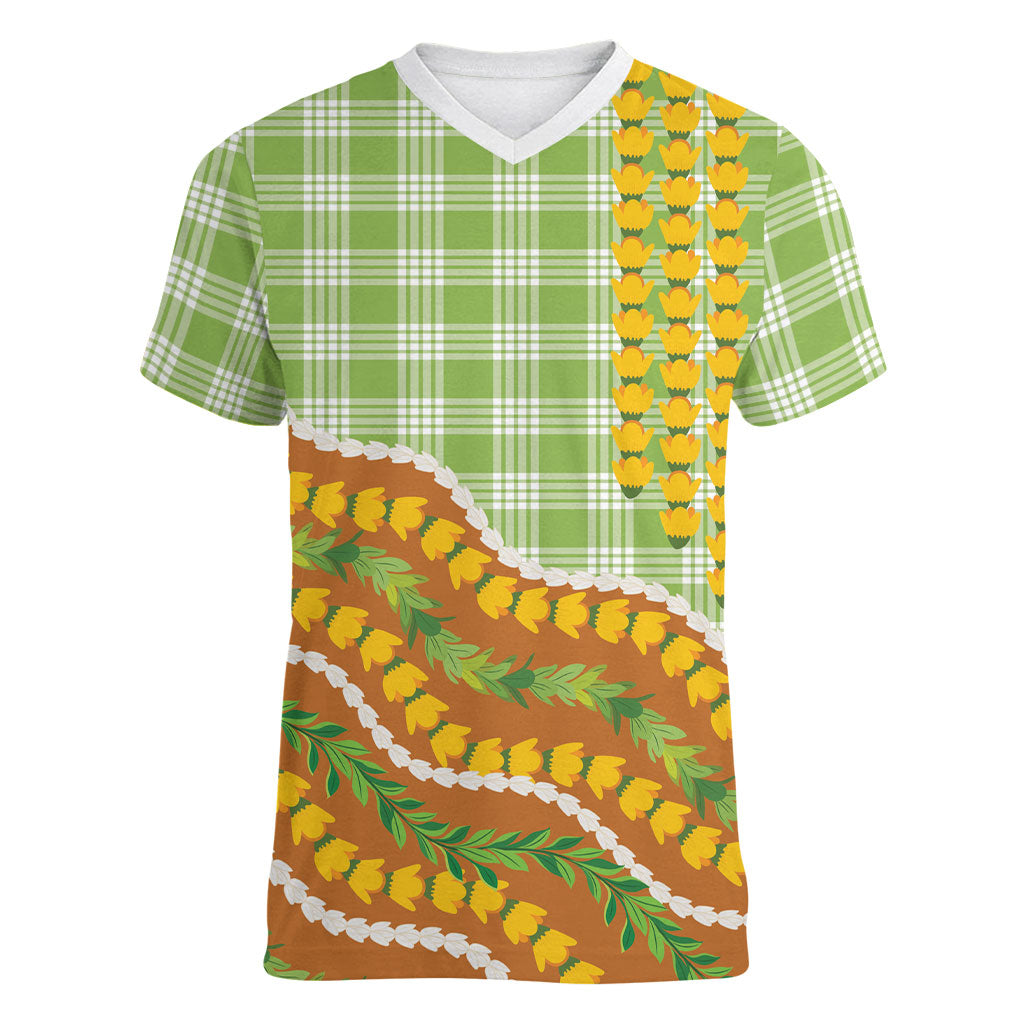 Hawaii Leis Palaka Motifs Women V-Neck T-Shirt Pikake Pakalana Maile Ilima Kakau Style LT14 Female Multicolor - Polynesian Pride