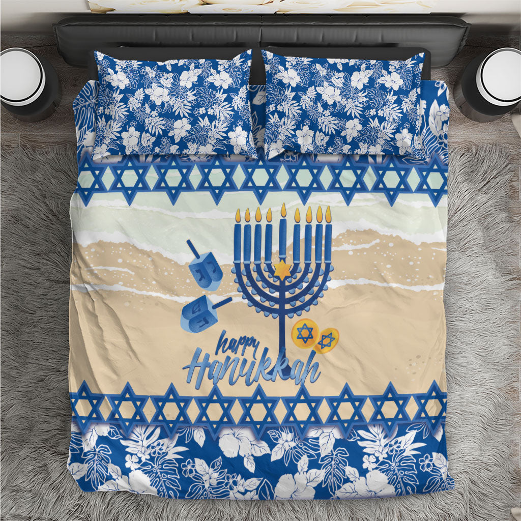 Chanukah Jewish Hawaii Bedding Set Festival of Lights Hanukkah Menorah Tropical Flowers LT14 Blue - Polynesian Pride