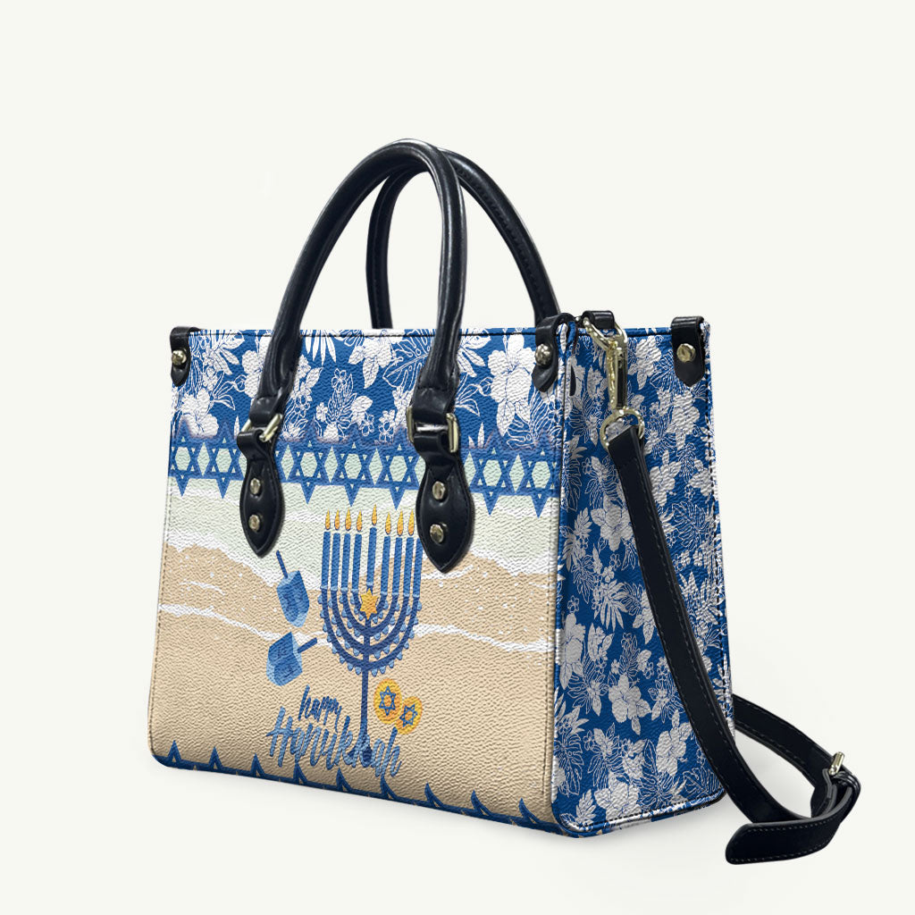 Chanukah Jewish Hawaii Leather Bag Festival of Lights Hanukkah Menorah Tropical Flowers LT14 Blue - Polynesian Pride